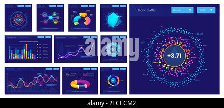 Dashboard info data charts, graphs and diagrams for infographics presentation, vector statistics bars. Finance report, business graphic charts and marketing diagrams with percent pies and flowchart Stock Vector