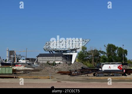 Modern architectural landmark building as the harbour house of the Antwerp-Bruges port in the city centre of Antwerp Stock Photo