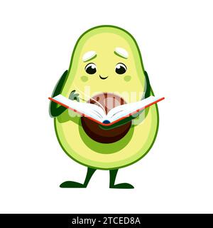 Cartoon avocado character with book. Raw tropical fruit, fresh avocado kid comical vector personage or mascot reading a novel book, getting education or learning literature lesson Stock Vector