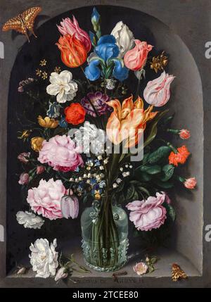Jacob de Gheyn II, Flowers in a Glass Flask, still life painting in oil on copper, 1612 Stock Photo