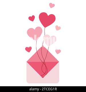Envelope flying on heart shaped balloon. Valentine Day and Love emotions concept. Flat or Cartoon style Vector illustration isolated on white. Pink Te Stock Vector