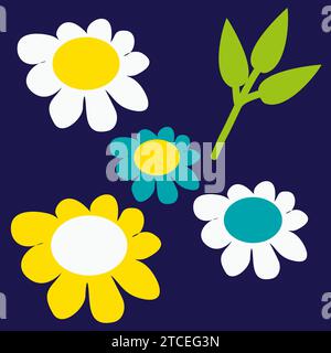 Flat flowers and leaf set. Vector blossoms, retro vintage hand drawn decorative elements, 60s and 70s flower, bright colors. Illustration for Postcard Stock Vector