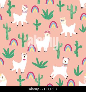 Cute pattern with llamas, cacti, Alps mountains, dream catcher, rainbows and hearts. Children's room design, printed fabric, wallpaper, packaging Stock Vector