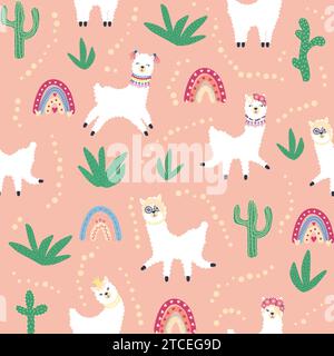 Cute pattern with llamas, cacti, Alps mountains, dream catcher, rainbows and hearts. Children's room design, printed fabric, wallpaper, packaging Stock Vector