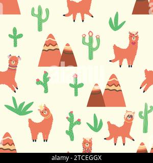 Cute pattern with llamas, cacti, Alps mountains, dream catcher, rainbows and hearts. Children's room design, printed fabric, wallpaper, packaging Stock Vector