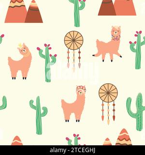 Cute pattern with llamas, cacti, Alps mountains, dream catcher, rainbows and hearts. Children's room design, printed fabric, wallpaper, packaging Stock Vector