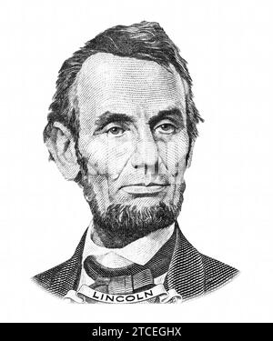 President Abraham Lincoln (1809-1865) portrait from five american dollars banknote Stock Photo