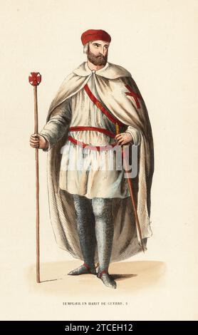 Knight Templar in battle armour, 14th century. In red cap, white cloak with red cross, white tunic, over chainmail hauberk. With sword and baton. Templier en costume de guerre, XIVe siecle. Handcoloured woodcut engraving from Jacques Joseph van Beveren’s Costume du Moyen Age, Medieval Costume, Librairie Historique-Artistique, Brussels, 1847. Stock Photo