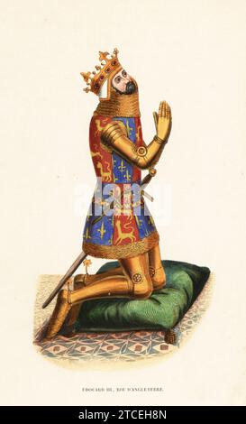 Edward III, King of England, Edward of Windsor, 1312-1377. In crown, gold plate armour, surcoat quartered with the arms of England and France, kneeling on a cushion. From his effigy in St Stephen's Chapel, Westminster. Edouard III, Roi d'Angleterre, XIVe siecle. Handcoloured woodcut engraving from Jacques Joseph van Beveren’s Costume du Moyen Age, Medieval Costume, Librairie Historique-Artistique, Brussels, 1847. Stock Photo
