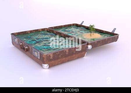 3D render - an open old shabby suitcase in which the sea splashes with a tropical island with palm trees. Stock Photo