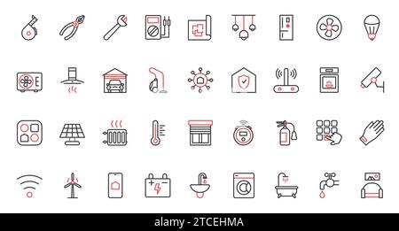 Remote surveillance air conditioner, electrical appliances and device to control energy, temperature lighting, refrigerator. Smart home systems trendy red black thin line icons set vector illustration Stock Vector