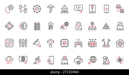 Internet network system computer database symbols, big data analysis protection, exchange download, support center. Information technology trendy red black thin line icons set vector illustration. Stock Vector