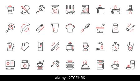 Coffee machine and hood, symbols of restaurant or home equipment tools for cooking, scales microwave, chefs apron and recipe book. Kitchen trendy red black thin line icons set vector illustration. Stock Vector