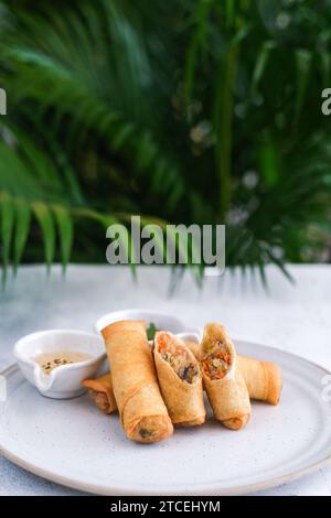 Crispy golden fried vegetable spring rolls with fresh ingredients served with soy and sweet and sour sauce in an oriental restaurant Stock Photo