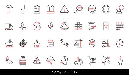 Truck, ship for fast shipment of freight parcels, crane forklift, umbrella shield. Worldwide delivery support service, logistics and transport trendy red black thin line icons set vector illustration. Stock Vector