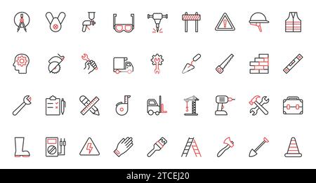 Paint brush and wrench, saw and shovel from mechanical repair toolbox, construction crane and drill, road barrier. Workers tools in industry trendy red black thin line icons set vector illustration. Stock Vector