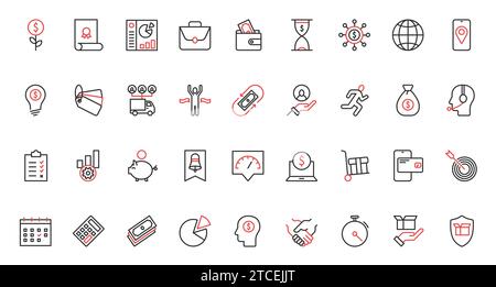 Collection with bank accounting and chart report, distribution and contract. Finance and budget, economy, financial investment and savings trendy red black thin line icons set vector illustration. Stock Vector