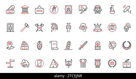 Exhibition antique artifacts culture heritage collection for visitors, school excursion, artwork exhibits of art history gallery. Museum trendy red black thin line icons set vector illustration. Stock Vector