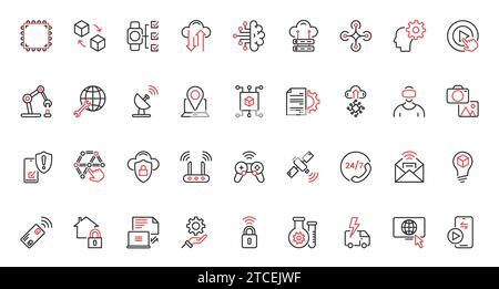 Vector illustration of trendy red black thin line icons set technology future, including modern innovations smart home digitization, AI neural network, robots drones, security service digital data. Stock Vector