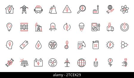 Vector illustration red black thin line icons set electric power plant energy, global green technology to save manage renewable resources nature, hydro and nuclear factory, and eco fuel. Stock Vector