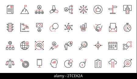 Vector illustration red black thin line icons set for business management human resource organization, direction and efficiency multitasking communication, recruiting resume search, achievement Stock Vector