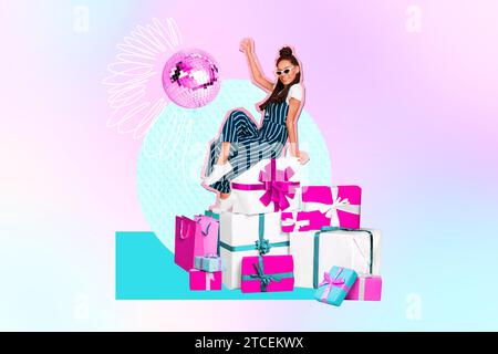 Horizontal collage of young stylish girl sitting on big bunch of gift boxes present in eyeglasses with raised hand disco ball night club party fun Stock Photo