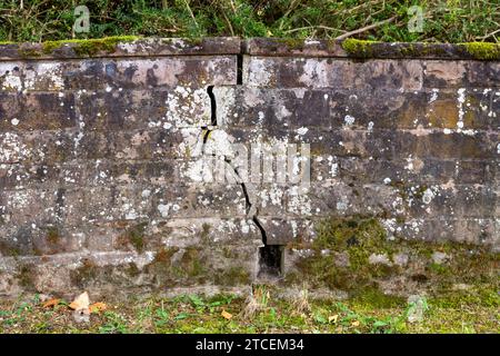 An old wall made of thick stones with a crack running from top to bottom. The wall has a lot of moss and has a coping. Stock Photo