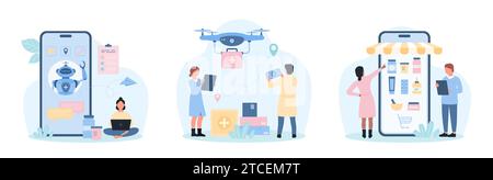 Medical services online set vector illustration. Cartoon tiny people order delivery of drugs from pharmacy, customer talking with healthcare chatbot, doctors control drone carrying emergency box Stock Vector