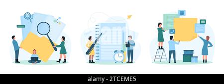Data management and daily task organization set vector illustration. Cartoon tiny people make memo notes in paper notebook and stickers, plan agenda, add and organize business files in folders Stock Vector