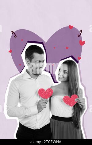 Vertical artwork photo collage of two sweet lovers look into eyes cuddle hold red heart shaped paper cards on creative background Stock Photo