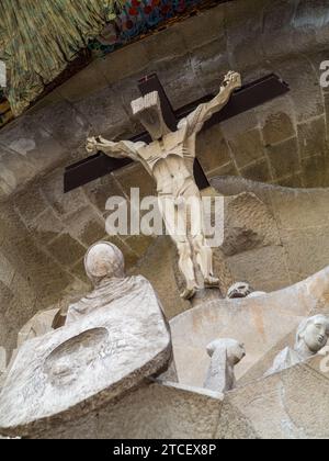 Sculpture of Christ on the Cross by Josep Maria Subirachs, Sagrada Familia, Carrer de Mallorca, 401, 08013 Barcelona, Spain Stock Photo