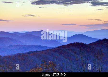 Beautiful light and color falls across the mountains in Blue Ridge national Park, Virginia. Stock Photo