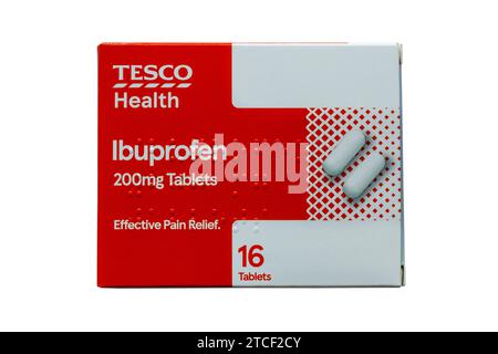 Tesco Health ibuprofen 200mg tablets effective pain relief tablets medication isolated on white background Stock Photo