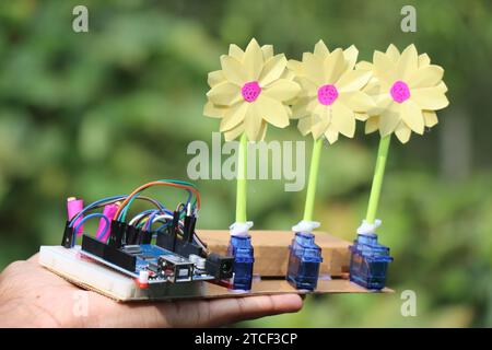 Programmable microcontroller projects. Electronic circuit on a small breadboard connecting micro servos and control board to run paper flowers Stock Photo