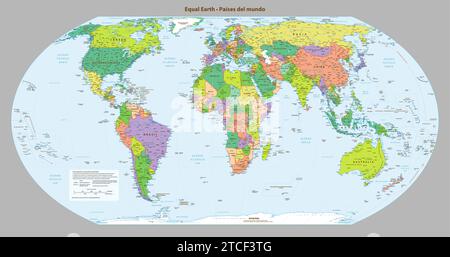 Spanish language Political map of the world Equal earth projection Stock Vector
