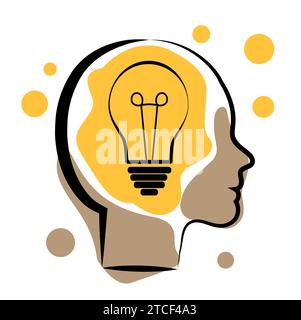 A light bulb in a woman's head. Doodle Stock Vector