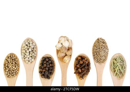Assortment of Spices in Wooden Spoons Isolated on White Background Stock Photo