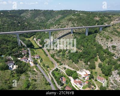 Road  Bridge, near Cahors France Drone , aerial , view from air Stock Photo