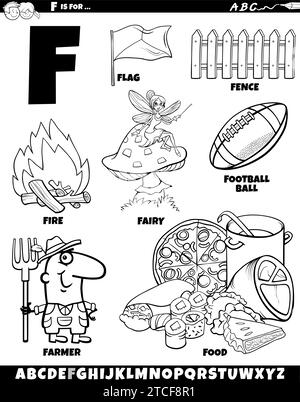 Cartoon illustration of objects and characters set for letter F coloring page Stock Vector