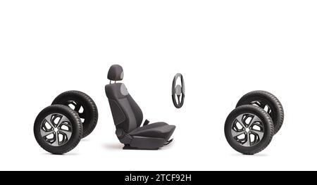 Four vehicle tires, car seat and a steering wheel isolated on white background Stock Photo