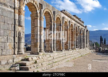 Arched outer wall of basilica faced with columns at Volubilis, Berber-Roman city from ancient Mauretania near Meknes, Fez-Meknes, Morocco Stock Photo