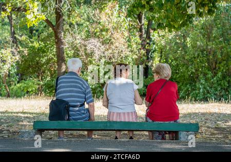 Rear view with three senior people sitting on a bench and socializing in King Mihai I park in Bucharest, Romania. Stock Photo