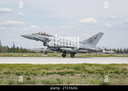 KONYA, TURKIYE - MAY 09, 2023: Qatar Air Force Eurofighter Typhoon EF2000 (MS0002) landing to Konya Airport during Anatolian Eagle Air Force Exercise Stock Photo