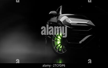 black modern car closeup on black background - 3d illustration Stock Photo