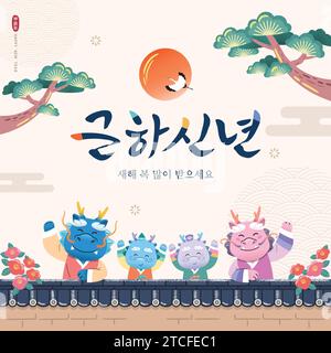 Korean New Year. The dragon family wearing hanbok is welcoming the new year. Happy New Year, Korean translation. Stock Vector