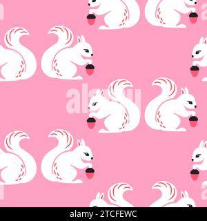 Cute squirrel with acorns seamless pattern pink background print. Vector geometric illustration for kids or home decor. Surface pattern design. Stock Vector