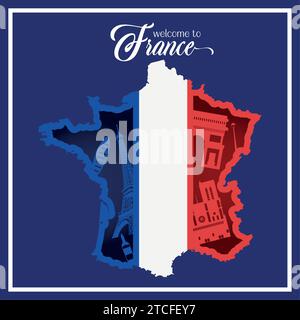 Isolated map of France with different famous landmarks Vector Stock Vector