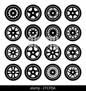 Car wheel rims icons set. Automobile and other vehicle spare parts disc rims with tires silhouette. Repair shop or service garage. Vector illustration Stock Vector