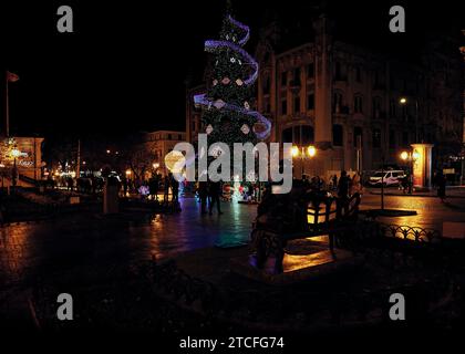 Christmas trees and light decorations on main city street Deribasovskaya in Odessa Ukraine. Stock Photo