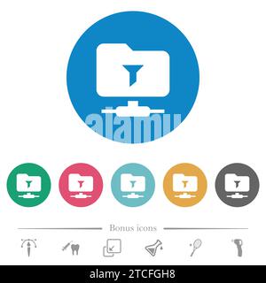 Filter FTP remote directory flat white icons on round color backgrounds. 6 bonus icons included. Stock Vector